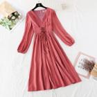 Lace-up V-neck Long-sleeve Midi A-line Dress