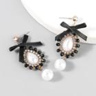 Rhinestone Faux Pearl Ribbon Drop Earring 1 Pair - Black - One Size