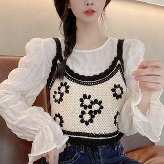 Set: Bell-sleeve Blouse + Flower Knit Vest