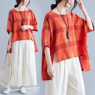 High-low Plaid Elbow-sleeve Top