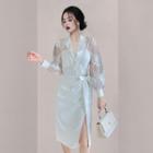 Puff-sleeve V-neck Split Midi Dress