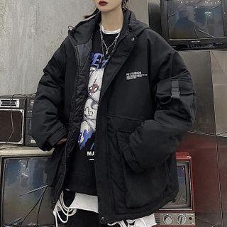 Lettering Print Hooded Zip Cargo Jacket