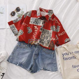 Short-sleeve Printed Blouse Red - One Size