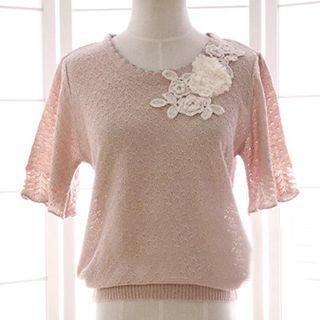 Floral Embroidered Short-sleeve Sweater
