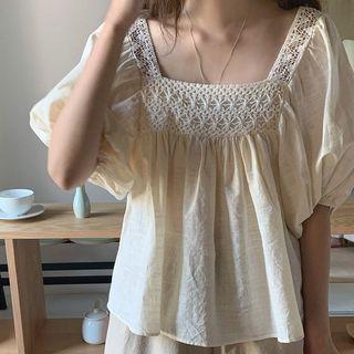 Puff-sleeve Crochet Panel Blouse
