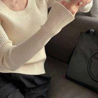 Scoop-neck Ribbed Knit Top Cream - One Size