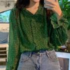 Floral Ruffle Trim Blouse Green - One Size