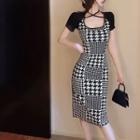 Short-sleeve Scoop-neck Houndstooth Midi Sheath Dress