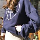 Heart Print Contrast-trim Hoodie Navy Blue - One Size