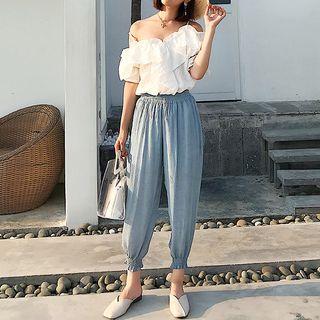 Set: Ruffle Trim Off Shoulder Elbow Sleeve Blouse + Jogger Pants
