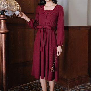 Long-sleeve Square Neck Midi A-line Dress