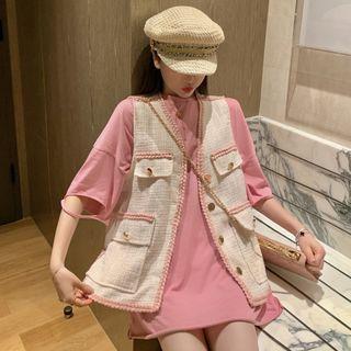 Elbow-sleeve Ripped T-shirt / Contrast Trim Tweed Buttoned Vest