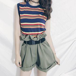Striped Tank Top/ High Waist Wide-leg Shorts