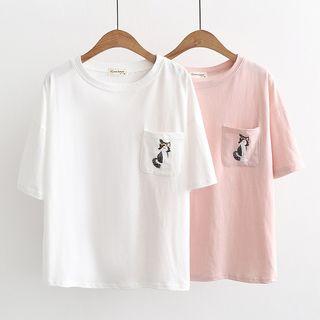 Cat Pocketed Short-sleeve T-shirt