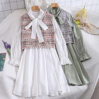 Set Of 2: Long-sleeve Shirt Dress + Vest