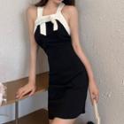 Sleeveless Halter Ribbon Mini Sheath Dress