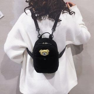 Bear Embroidered Faux Shearling Backpack