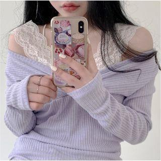 Mock Two-piece Lace Panel Long-sleeve Knit Top Ash Purple - One Size