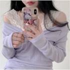 Mock Two-piece Lace Panel Long-sleeve Knit Top Ash Purple - One Size
