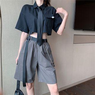 Tie-back Crop Shirt With Tie / Detachable Workwear Shorts