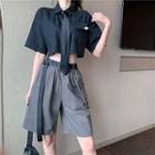 Tie-back Crop Shirt With Tie / Detachable Workwear Shorts
