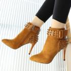 Pointed Studded Buckled High Heel Ankle Boots