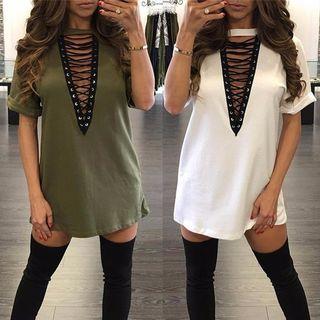 Crisscross Front Short Sleeve T-shirt Dress