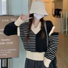 Long-sleeve V-neck Striped Sweater Stripe - Black & Beige - One Size