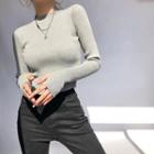 Long-sleeve Ribbed Plain Cropped Knit Top