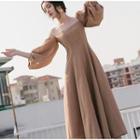 Square-neck Puff-sleeve Midi A-line Dress