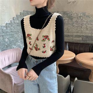 Plain Turtle-neck Long-sleeve Slim-fit Top / Embroidered Sleeveless Top