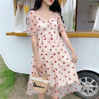 Rose Embroidered Midi A-line Dress / Lace-up Light Jacket