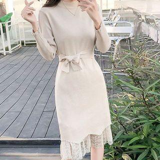 Set: Mock Neck Knit Sheath Dress + Midi Lace H-line Skirt