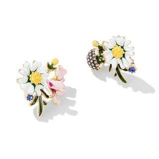 Flower Rhinestone Alloy Earring 1 Pair - White & Green - One Size