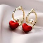 Heart Faux Pearl Alloy Dangle Earring 1 Pair - Dangle Earring - Silver Pin - Faux Pearl - Love Heart - Red - One Size