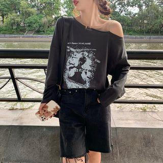 Long-sleeve Print Cold-shoulder T-shirt Gray - One Size