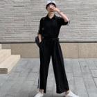 Striped Elbow-sleeve Cropped Jumpsuit