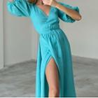 Elbow-sleeve V-neck Slit Midi Dress