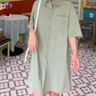 Pocket-front Floral Panel Short-sleeve Dress Milky Green - One Size