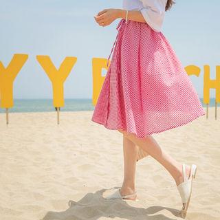 Buttoned Gingham Flare Skirt