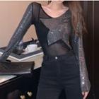Long-sleeve Sequined Mesh Panel Top