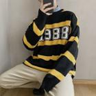 Long-sleeve Color Block Letter Printed Knit Top
