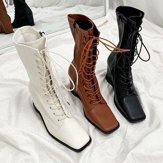 Wedge-heel Lace-up Mid-calf Boots