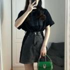 Elbow-sleeve Print T-shirt / Two-tone Denim Mini A-line Skirt