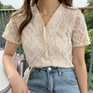 Buttoned Short-sleeve Lace Blouse