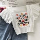 Flower Embroidered Ruffle Trim Crop Top White - One Size