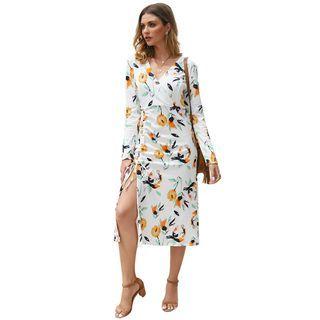 Floral Long-sleeve Slit Midi Sheath Dress