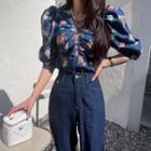 Balloon-sleeve Shirred Floral Blouse Blue - One Size