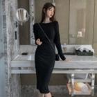 Glitter Long-sleeve Midi Sheath Dress Black - One Size