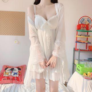 Spaghetti Strap Lace Ruffled A-line Dress / Chiffon Jacket